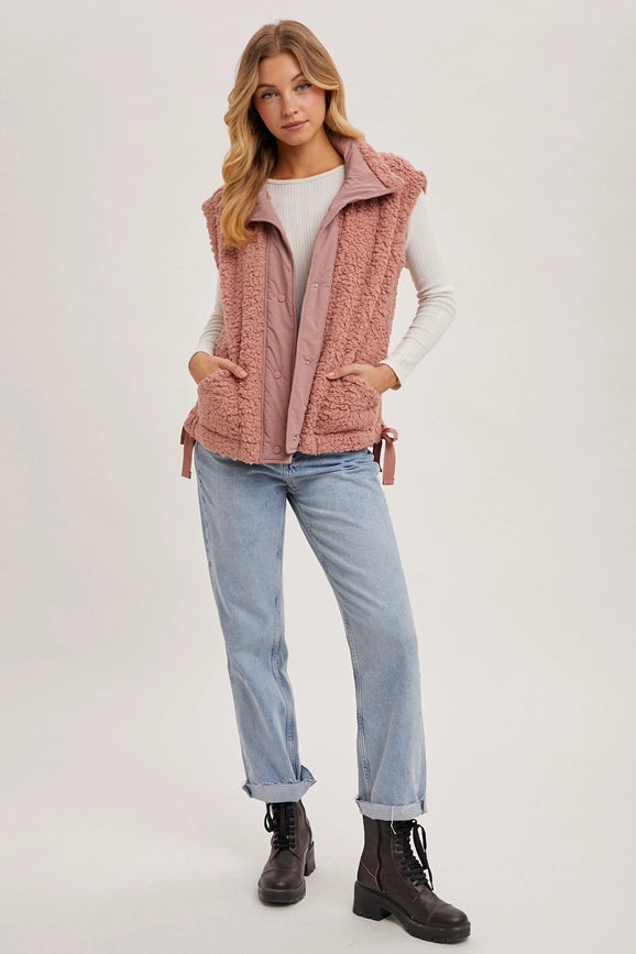 Button Down Mock Neck Fleece Sherpa Vest ROSE-Vest-Peace Love Line-S-ROSE-Urbanheer