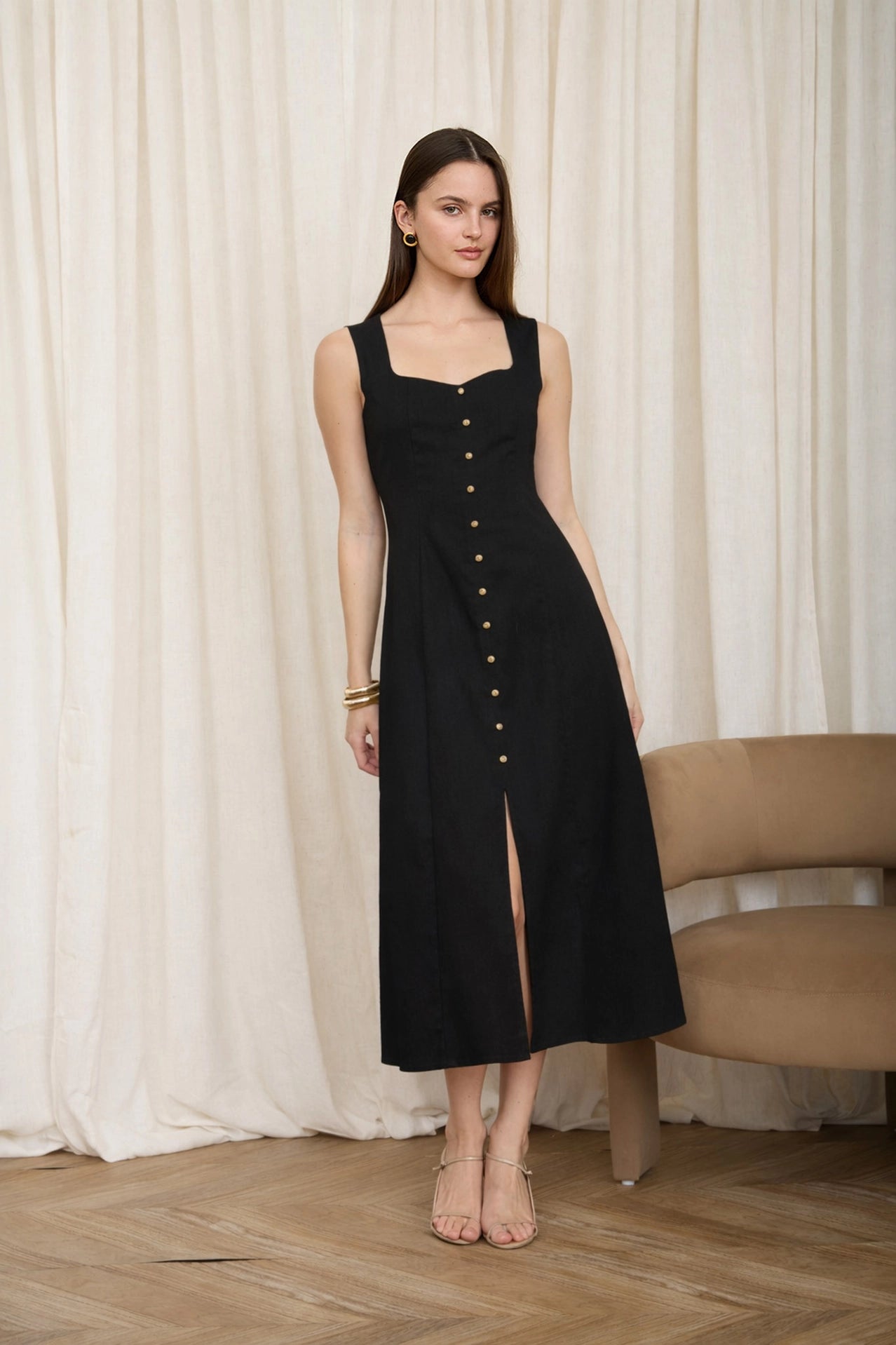 Button Down Sleeveless Split Hem Linen Midi Dress