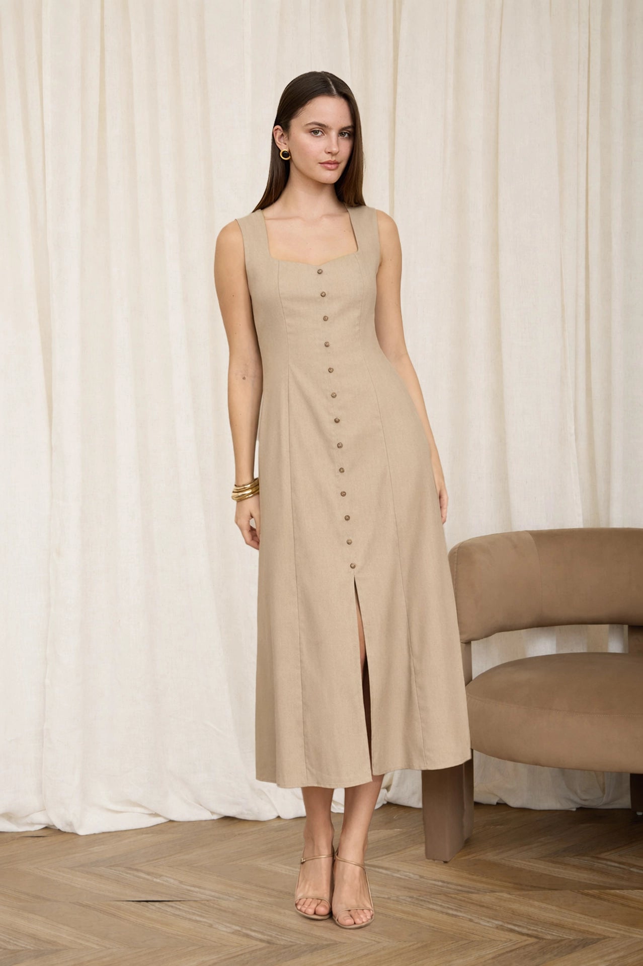Button Down Sleeveless Split Hem Linen Midi Dress