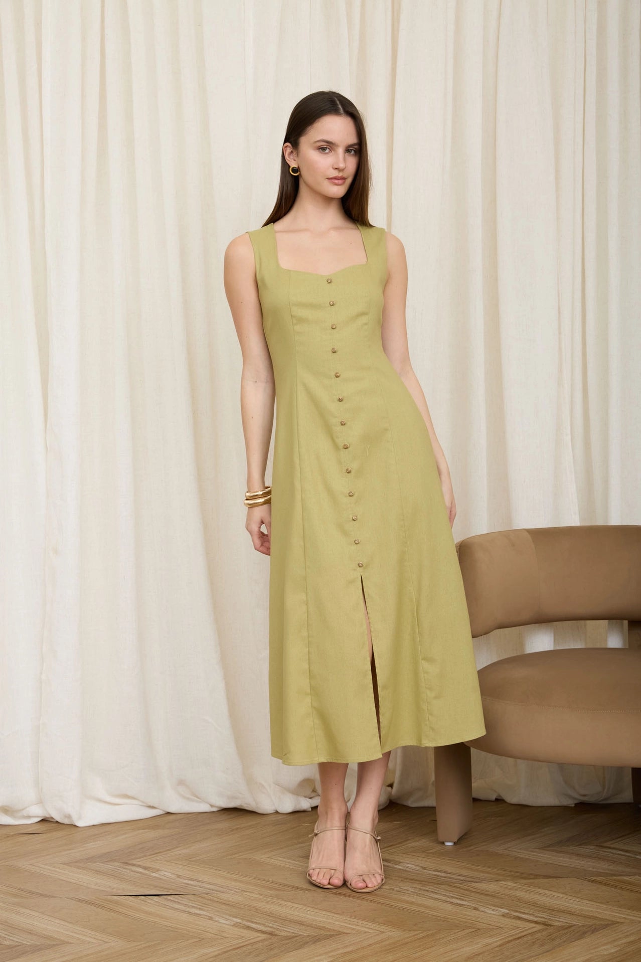 Button Down Sleeveless Split Hem Linen Midi Dress