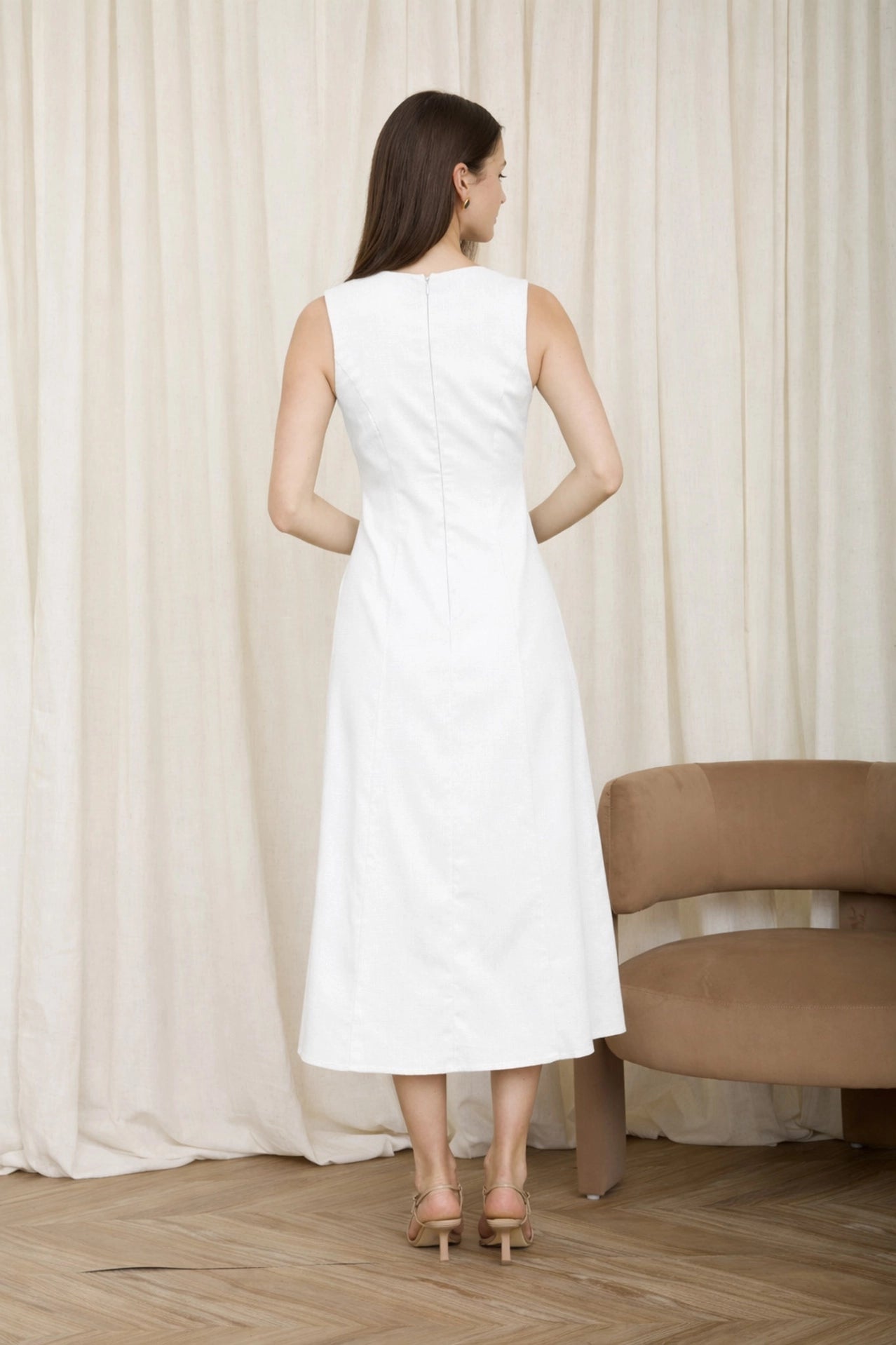 Button Down Sleeveless Split Hem Linen Midi Dress - White