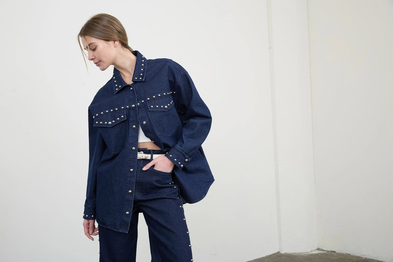 Button Down Stud Detail Denim Shacket