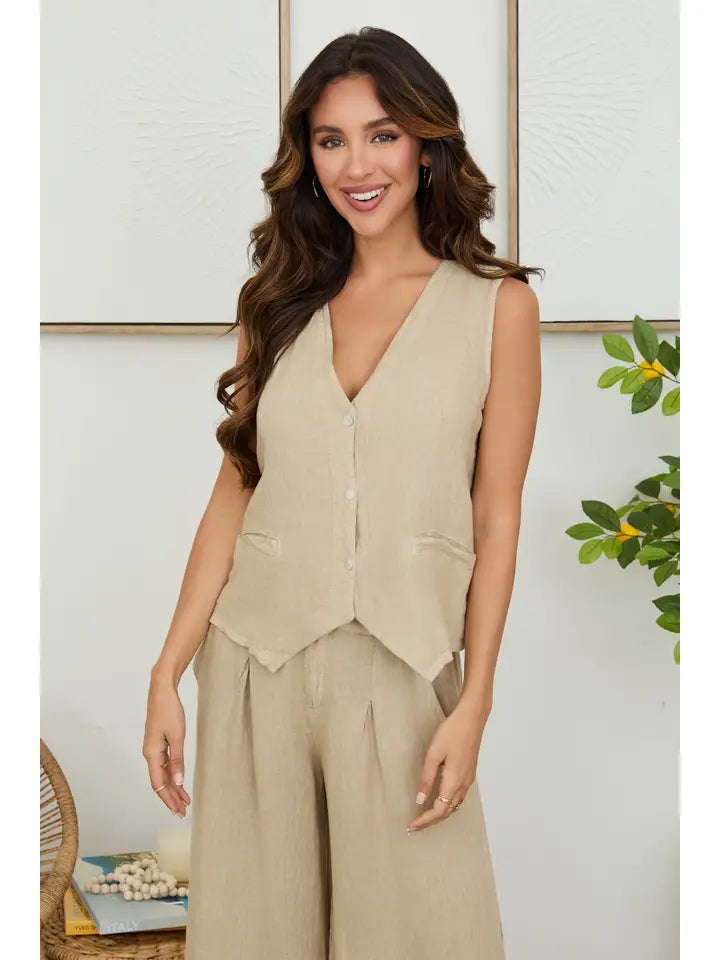 Button Down Vest with Faux Pocket Earth Beige-Vest-MILIO MILANO-XS-Earth Beige-Urbanheer