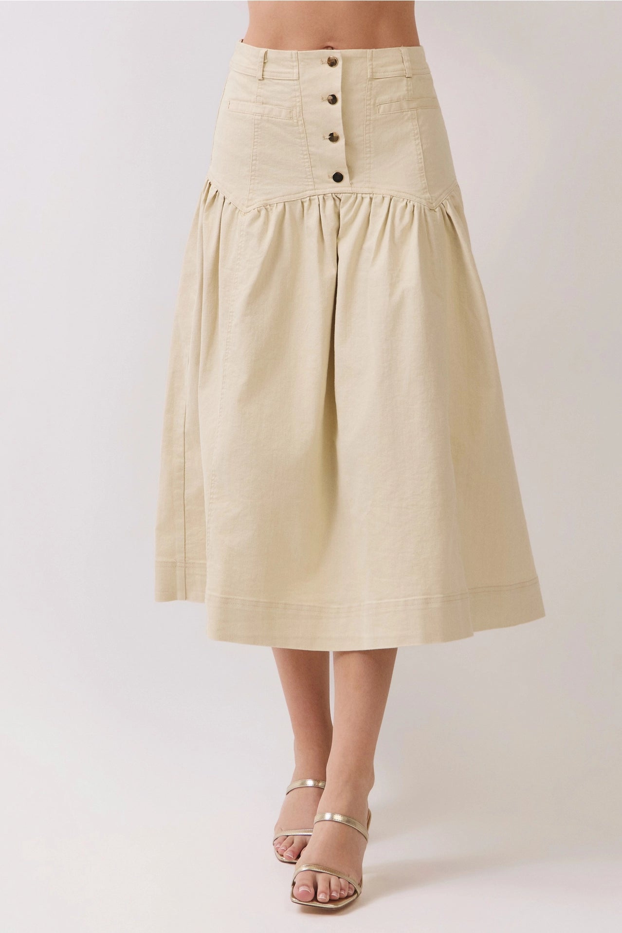 Button Front Dropped Waist Seam Midi Skirt