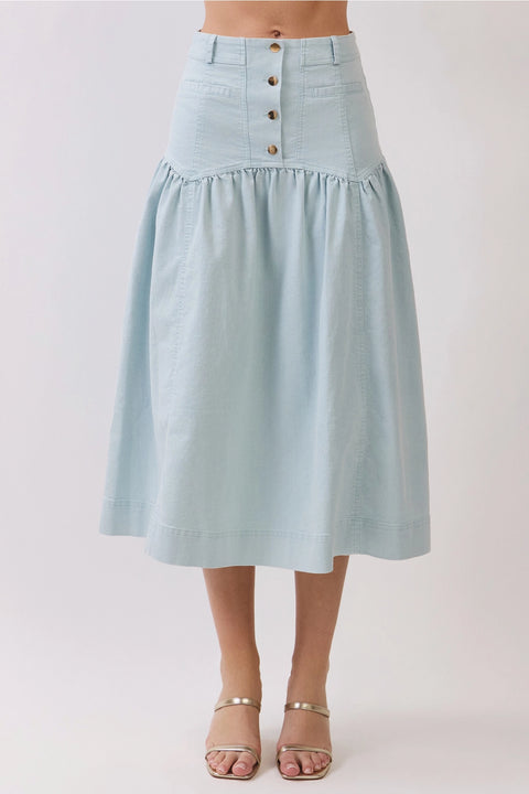 Button Front Dropped Waist Seam Midi Skirt