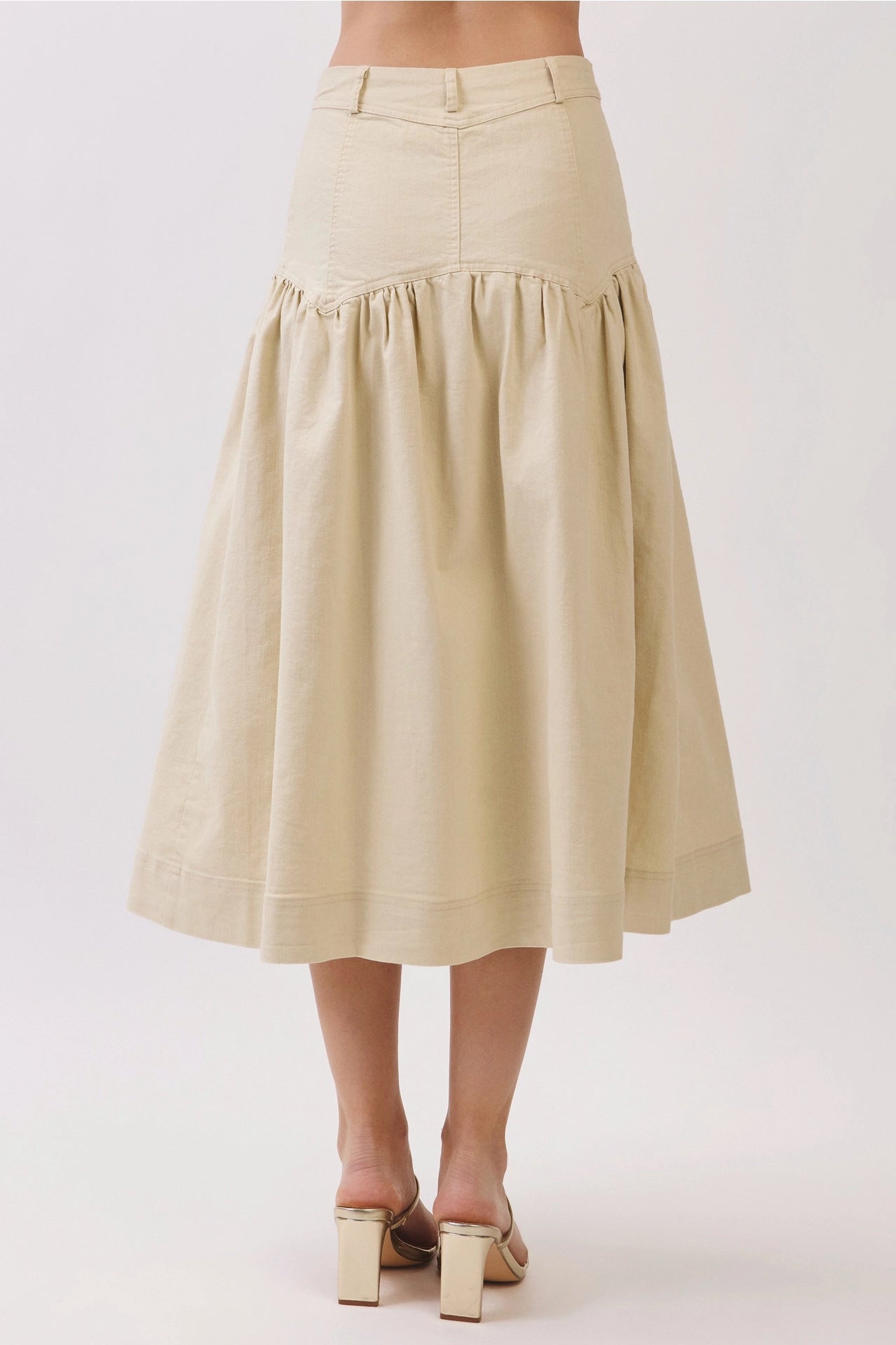 Button Front Dropped Waist Seam Midi Skirt
