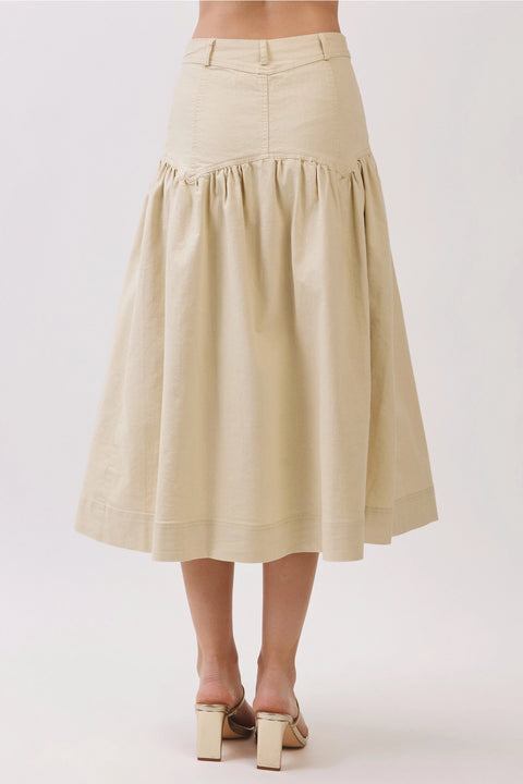 Button Front Dropped Waist Seam Midi Skirt