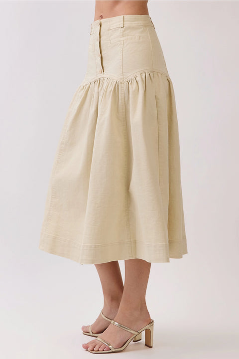 Button Front Dropped Waist Seam Midi Skirt