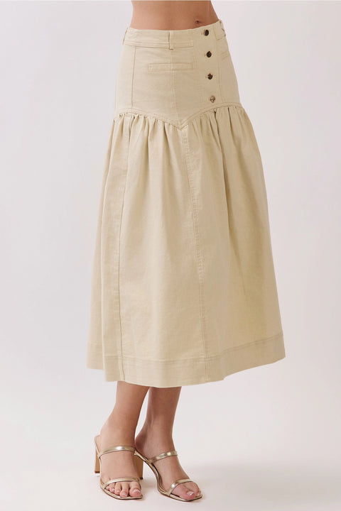 Button Front Dropped Waist Seam Midi Skirt