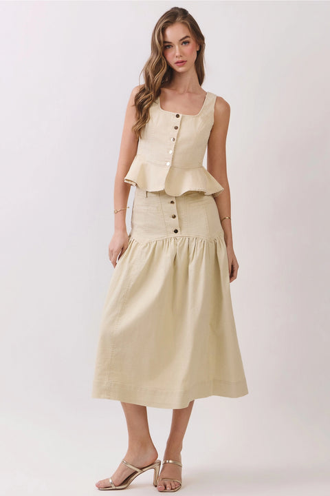 Button Front Dropped Waist Seam Midi Skirt