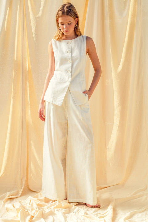 Button Front Linen Vest | White