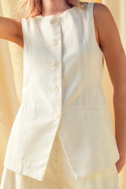 Button Front Linen Vest | White
