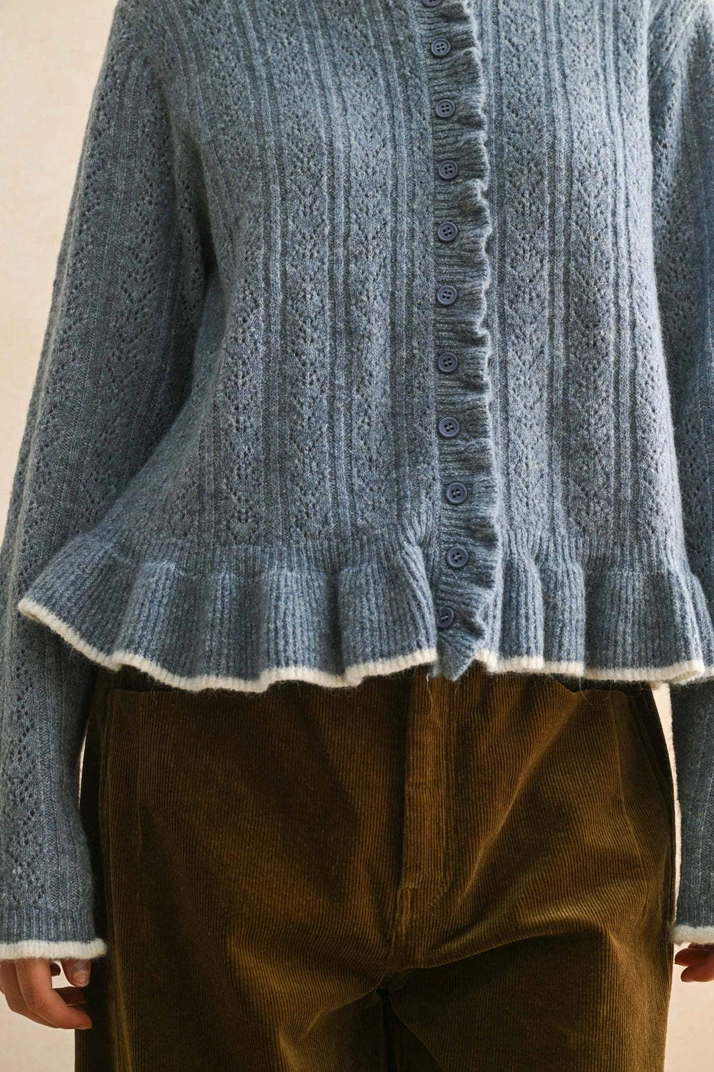 Button Front Ruffled Detail Sweater Cardigan