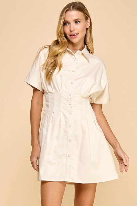 Button Up Collared Side Pockets Dress-Dress-TCEC-S-CREAM-Urbanheer