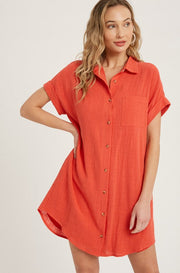 Button Up Shirt Dress CORAL-Dress-Peace Love Line-S-CORAL-Urbanheer