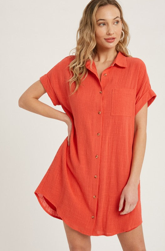 Button Up Shirt Dress CORAL-Dress-Peace Love Line-S-CORAL-Urbanheer