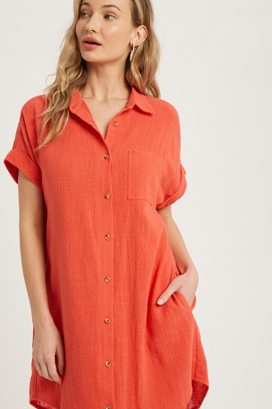 Button Up Shirt Dress CORAL-Dress-Peace Love Line-S-CORAL-Urbanheer