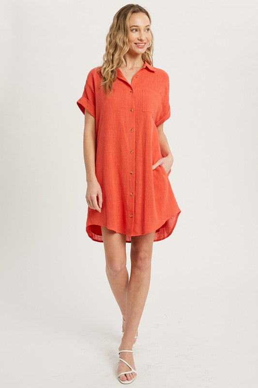 Button Up Shirt Dress CORAL-Dress-Peace Love Line-S-CORAL-Urbanheer