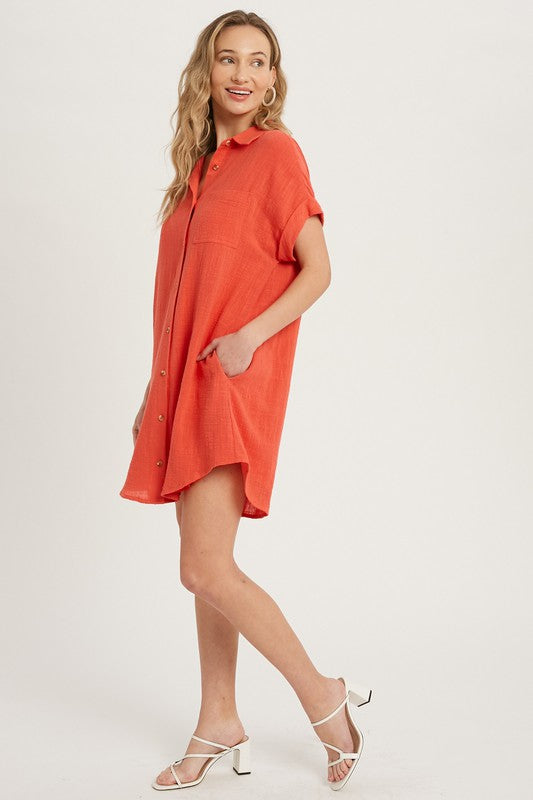 Button Up Shirt Dress CORAL-Dress-Peace Love Line-S-CORAL-Urbanheer