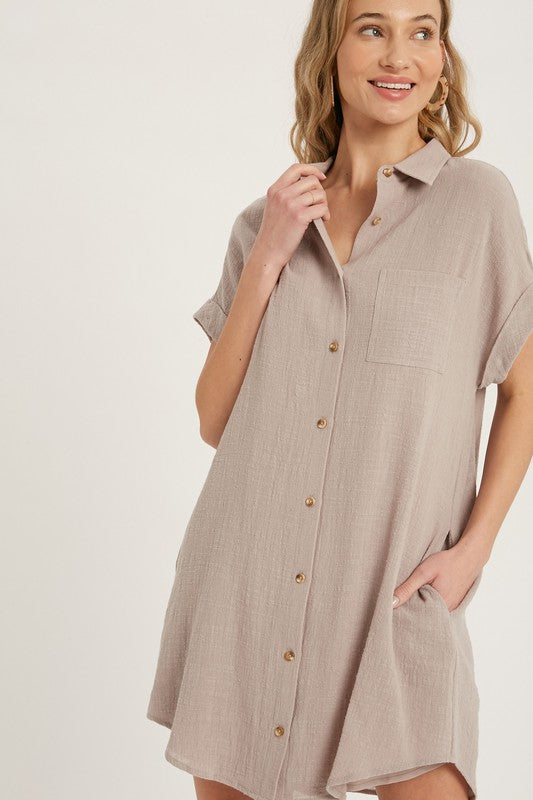 Button Up Shirt Dress MUSHROOM-Dress-Peace Love Line-S-MUSHROOM-Urbanheer