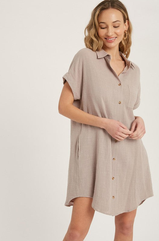 Button Up Shirt Dress MUSHROOM-Dress-Peace Love Line-S-MUSHROOM-Urbanheer