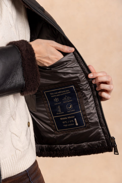COZY Short leather and down jacket