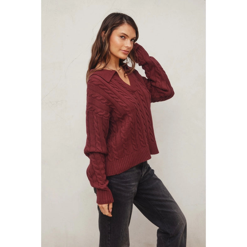 Cable Knit Collared Sweater BURGUNDY-Sweater-Dress Forum-S-Urbanheer