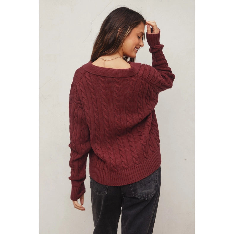 Cable Knit Collared Sweater BURGUNDY-Sweater-Dress Forum-S-Urbanheer