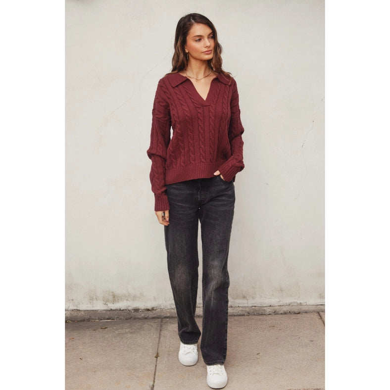 Cable Knit Collared Sweater BURGUNDY-Sweater-Dress Forum-S-Urbanheer