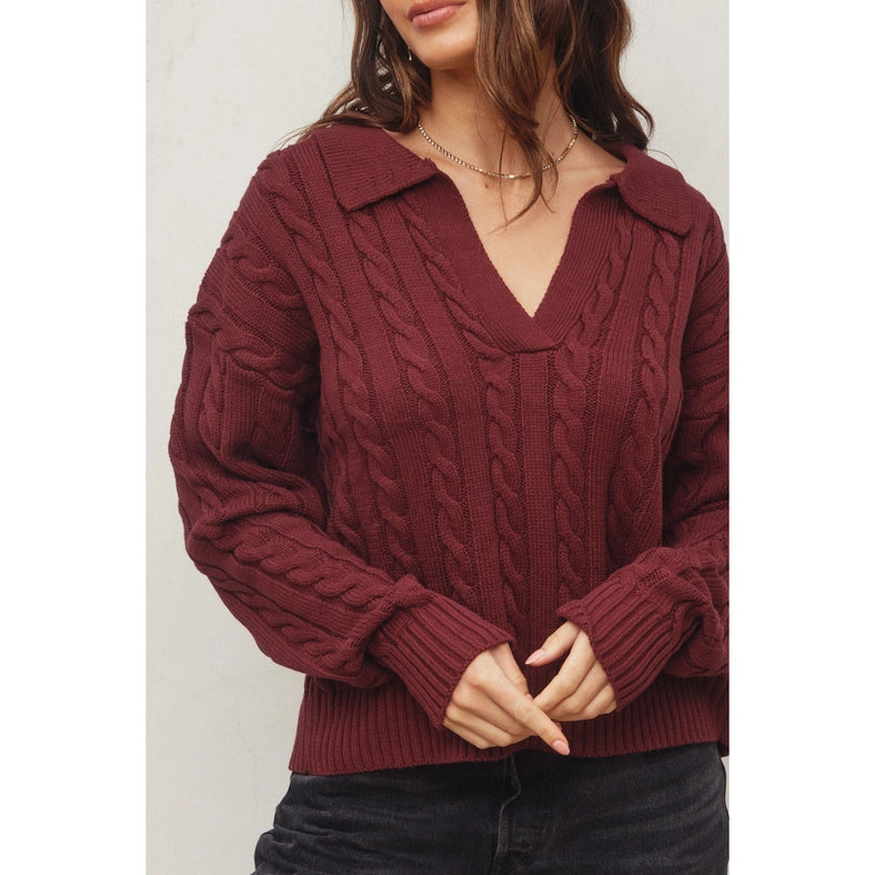 Cable Knit Collared Sweater BURGUNDY-Sweater-Dress Forum-S-Urbanheer