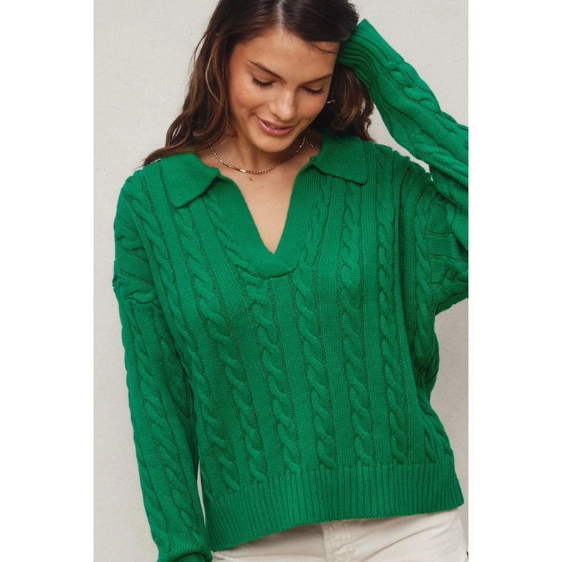 Cable Knit Collared Sweater POLO GREEN-Sweater-Dress Forum-S-Urbanheer