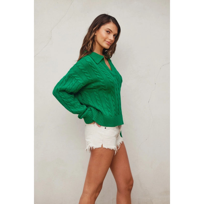 Cable Knit Collared Sweater POLO GREEN-Sweater-Dress Forum-S-Urbanheer