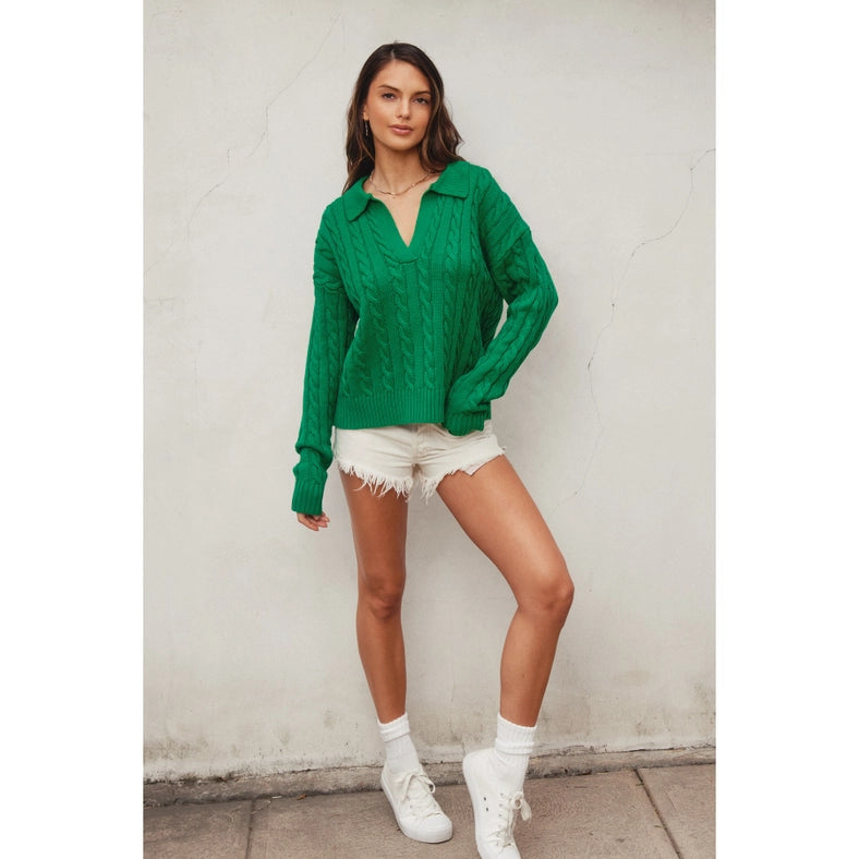 Cable Knit Collared Sweater POLO GREEN-Sweater-Dress Forum-S-Urbanheer