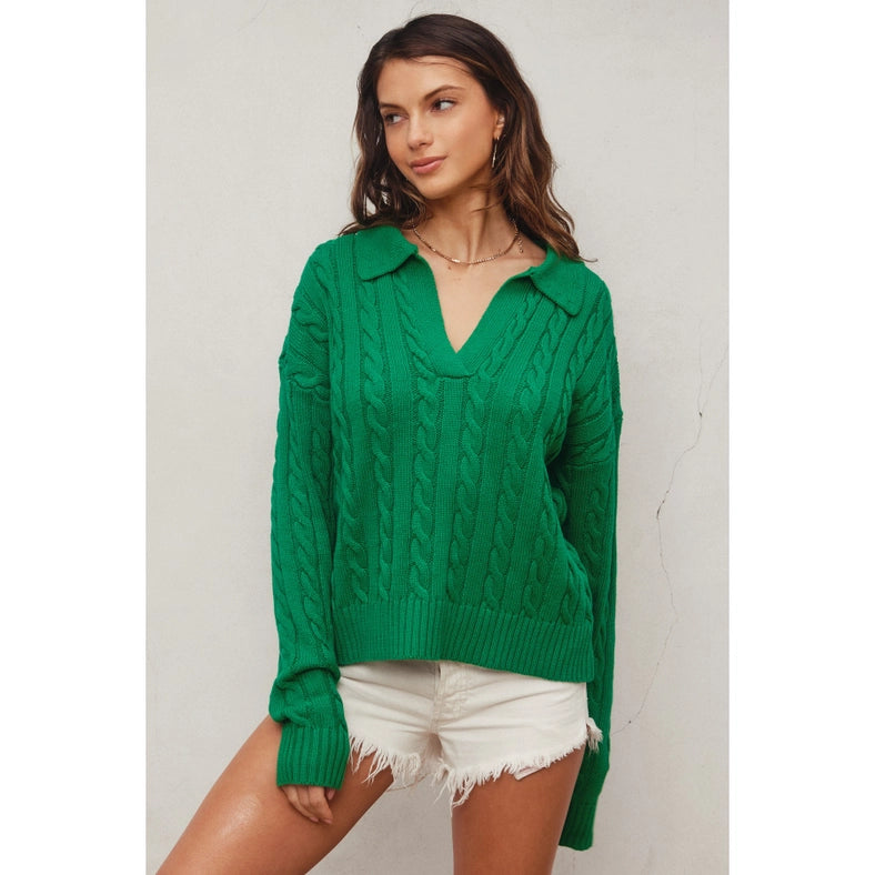 Cable Knit Collared Sweater POLO GREEN-Sweater-Dress Forum-S-Urbanheer