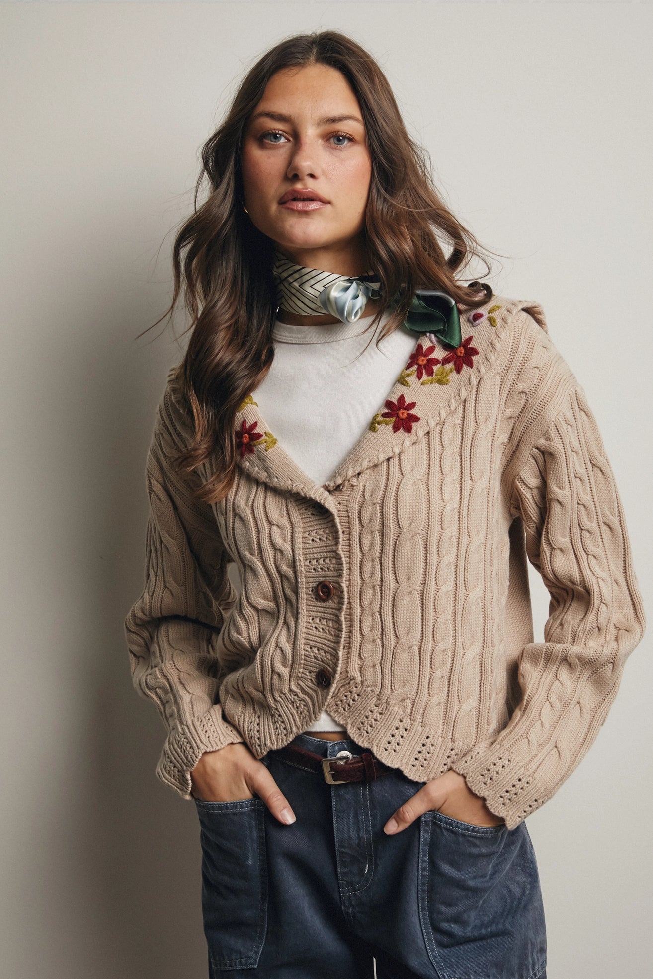 Cable Knit Embroidered Collar Cardigan in Beige
