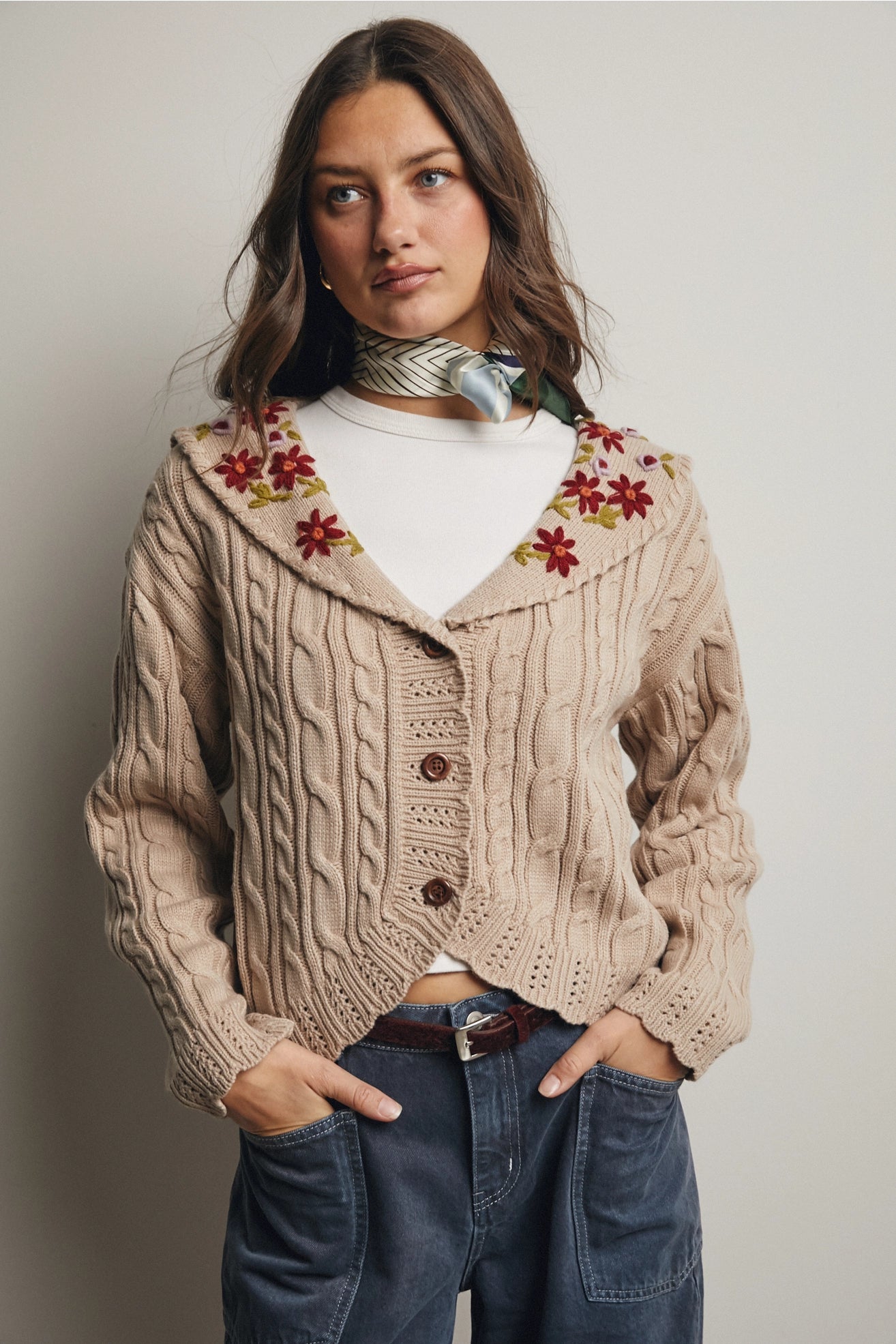 Cable Knit Embroidered Collar Cardigan in Beige