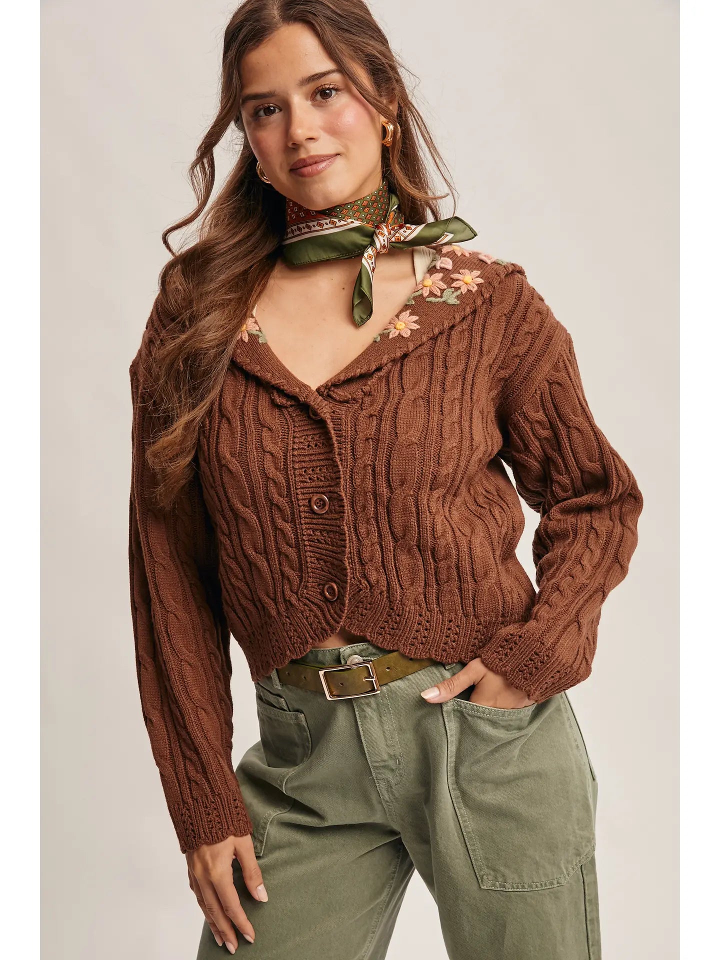 Cable Knit Embroidered Collar Cardigan in Rust