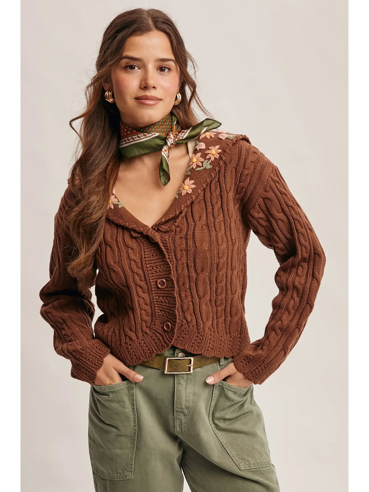 Cable Knit Embroidered Collar Cardigan in Rust