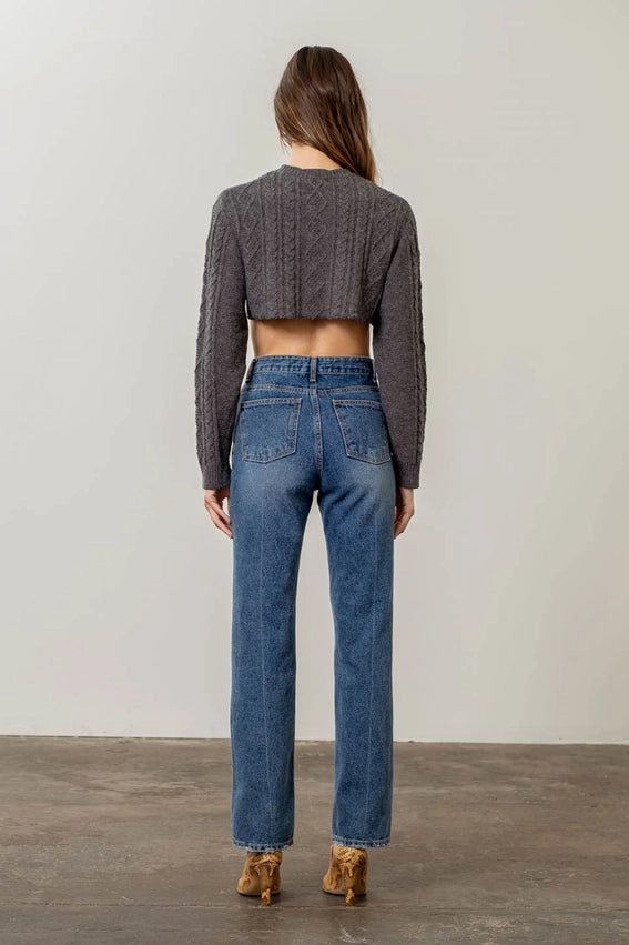 Cable Knit Lettuce Hem Cropped Sweater-Sweater-Moon River-XS-CHARCOAL-Urbanheer