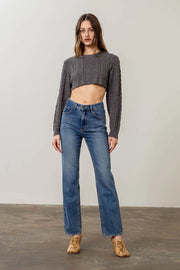 Cable Knit Lettuce Hem Cropped Sweater-Sweater-Moon River-XS-CHARCOAL-Urbanheer