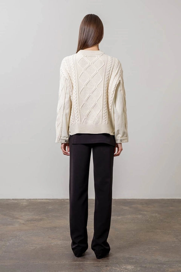 Cable Knit Sweater with Denim Detail-Sweater-Moon River-XS-CREAM-Urbanheer