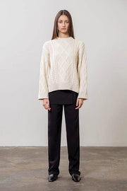 Cable Knit Sweater with Denim Detail-Sweater-Moon River-XS-CREAM-Urbanheer