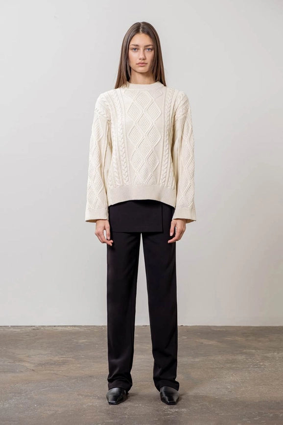 Cable Knit Sweater with Denim Detail-Sweater-Moon River-XS-CREAM-Urbanheer