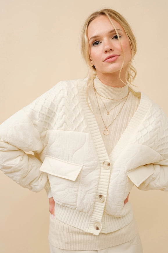 Cable Sweater Mix Media Quilted Crop Jacket-Jacket-Blue B-S-CREAM-Urbanheer