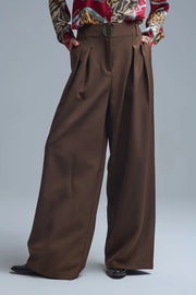 Camel Pleated Wide Pants with with Metal Buckle