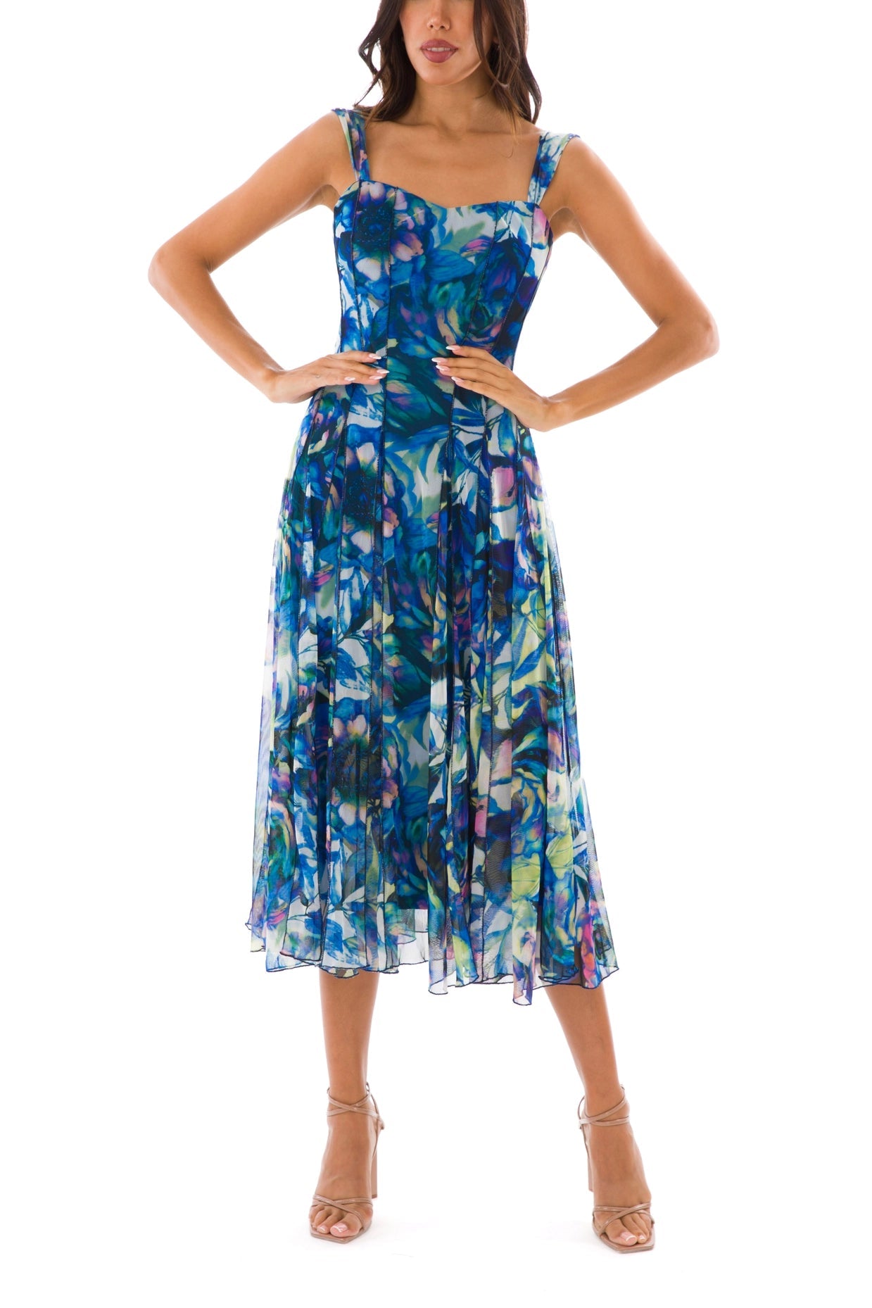 Camille Sleeveless Tea Length Fit N Flare Paneled Dress-Elana Kattan-S-Urbanheer