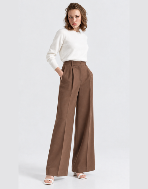 Cannes Wool Pleated Trousers - Cocoa Truffle