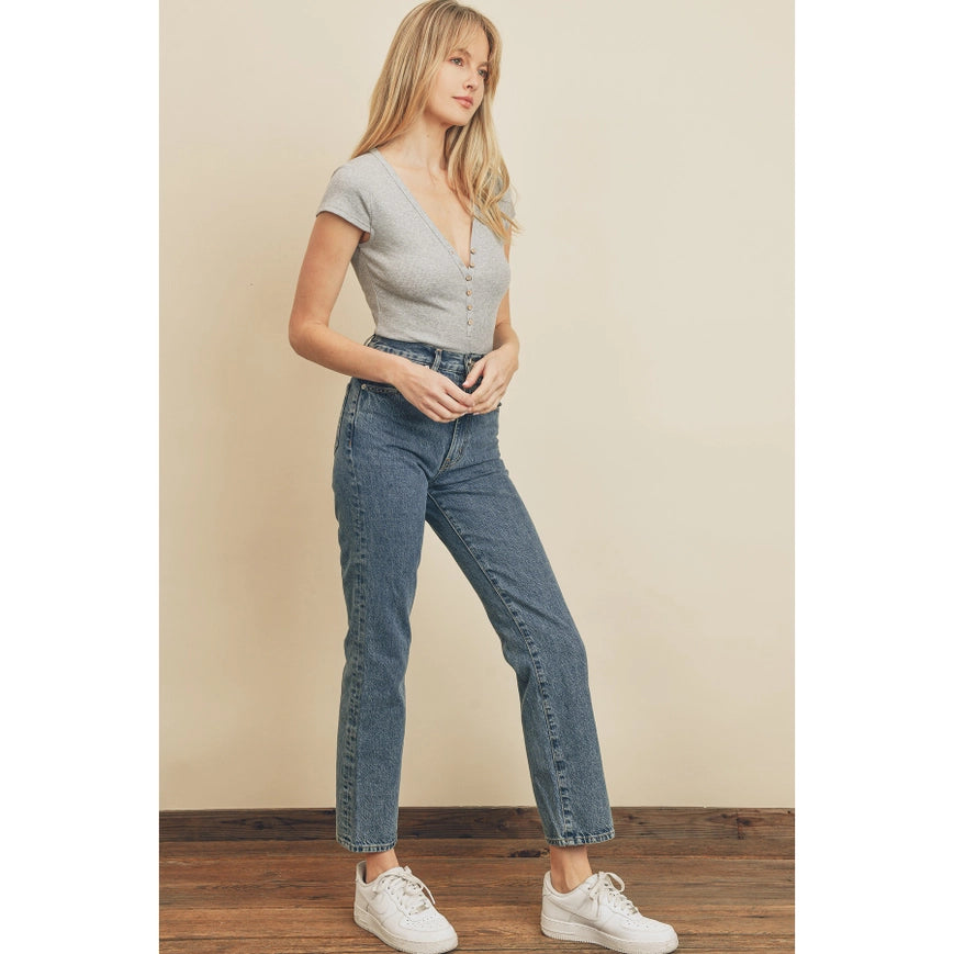 Cap Sleeve Half Button Bodysuit Heather Grey-Bodysuit-Dress Forum-S-Urbanheer