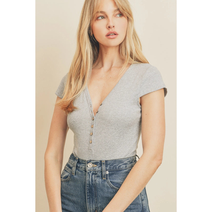 Cap Sleeve Half Button Bodysuit Heather Grey-Bodysuit-Dress Forum-S-Urbanheer