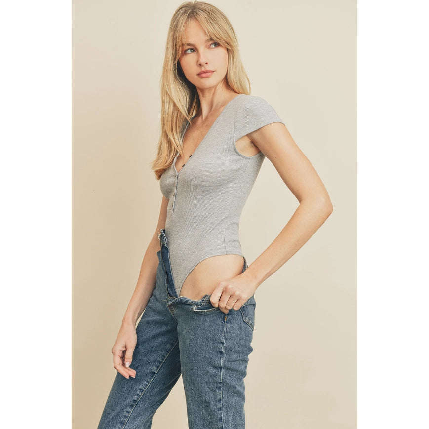 Cap Sleeve Half Button Bodysuit Heather Grey-Bodysuit-Dress Forum-S-Urbanheer
